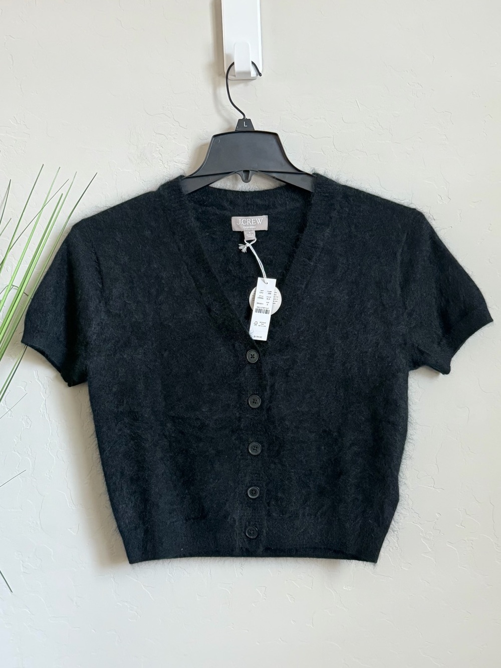 J.Crew Brushed Cashmere Short Sleeve Cardigan Sweater Black NWT Size S CM665